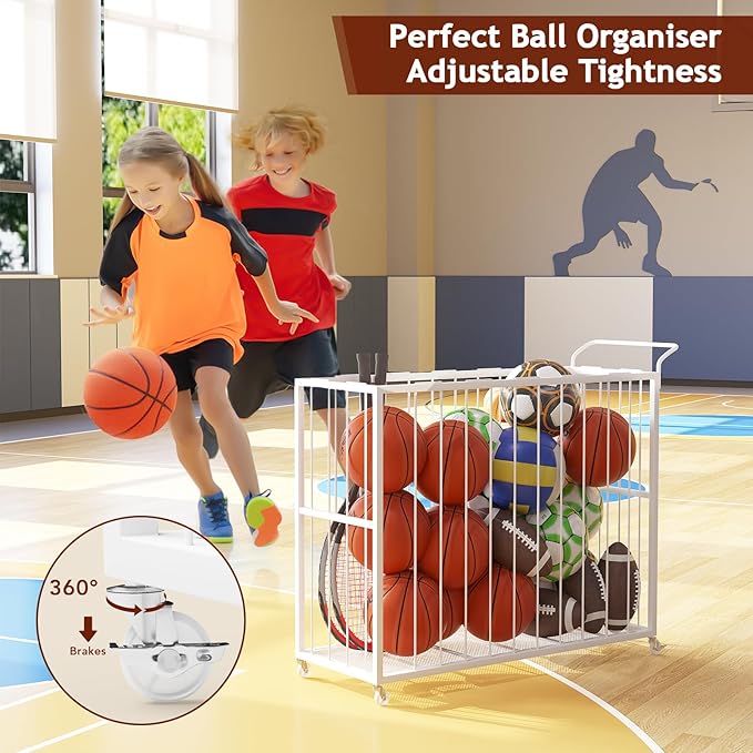Ball Storage Bin Rolling Sports Ball Cart, Metal Garage Organizer Sport Rack, Ball Basket Storage