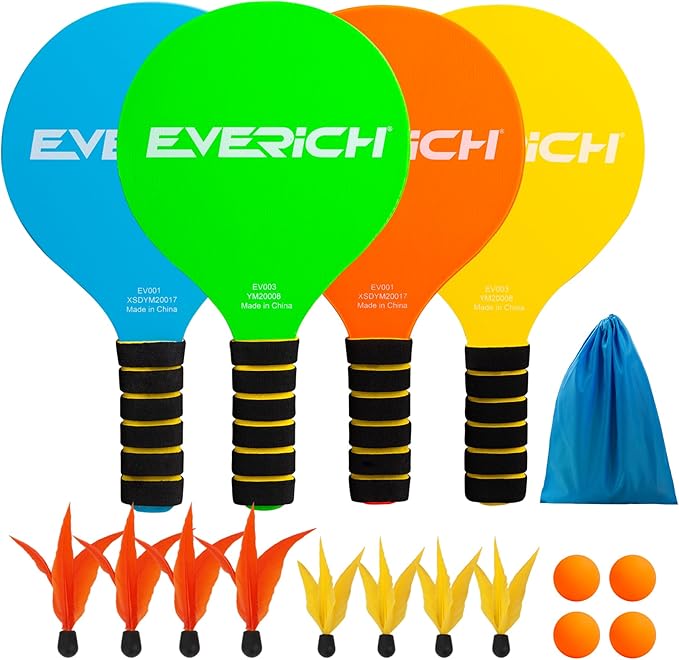 EVERICH TOY Paddle Ball Set, Badminton Set 4 Rackets, Great Gifts Easter Basket Stuffers for Kids