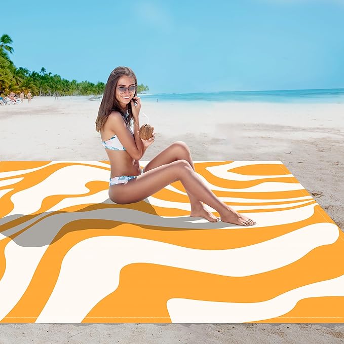 Yellow Beach Blanket, Sand Free Waterproof Outdoor Beach Mat with 4 Stakes & Pockets, 78''×86''