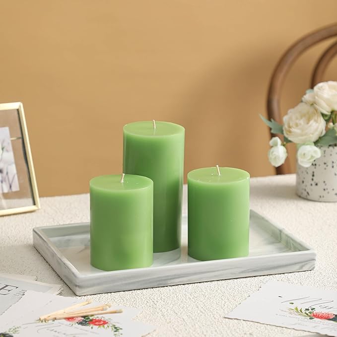 3x6 Inch Green Pillar Candles Set of 3 - Decorative Unscented Pillar Candle, Long Burning Dripless