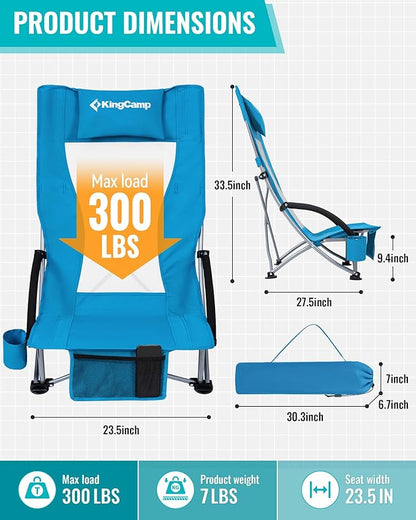KingCamp Low Beach Chairs, Portable Folding Chair for Adults Extra Wide Ergonomic High Back Seat