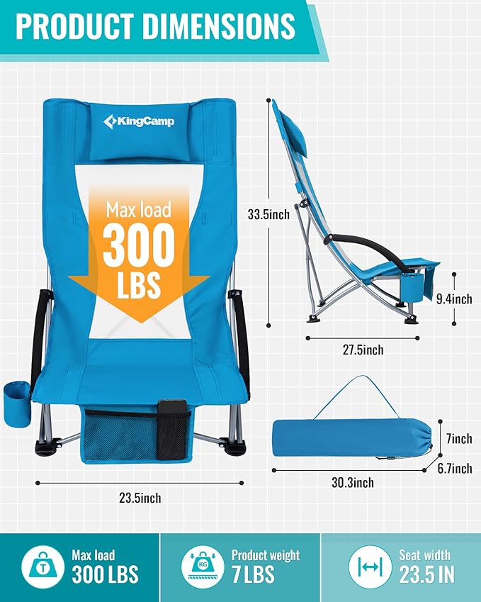 KingCamp Low Beach Chairs, Portable Folding Chair for Adults Extra Wide Ergonomic High Back Seat