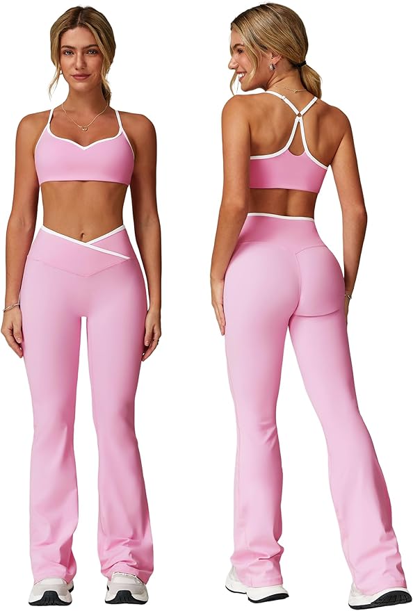 ABOCIW Workout Sets for Women 2 Piece Color Block Strappy Sports Bra High Waist Leggings Gym Yoga