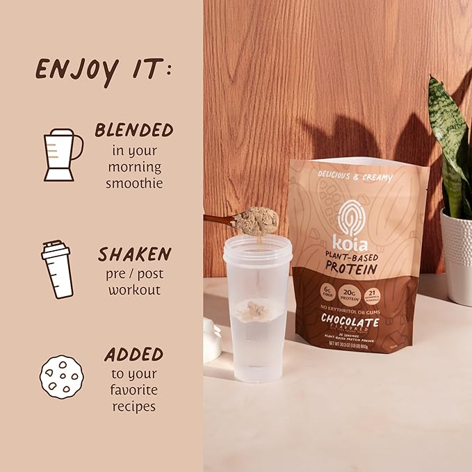Koia Plant Based Protein Powder, Chocolate, 20g Protein, 3g Sugar, 6g Prebiotic Fiber, Pre & Post