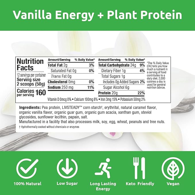UCAN Energy + Plant Protein Powder - Vegan Plant Based Protein 20g Pea Protein with Amino Acids