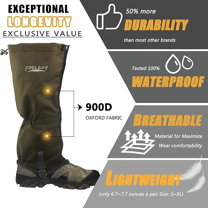 Frelaxy Leg Gaiters Ultra HIGH-Performance Hunting Gaiters, 100% Waterproof Hiking Gaiters with