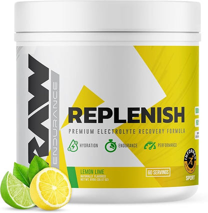 RAW Replenish, Premium Electrolytes Powder Recovery Formula, Lemon Lime (60 Servings) - Flavored