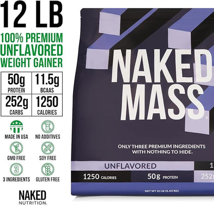 NAKED Mass - Natural Weight Gainer Protein Powder - 12LB Bulk, GMO Free, Gluten Free & Soy Free. No