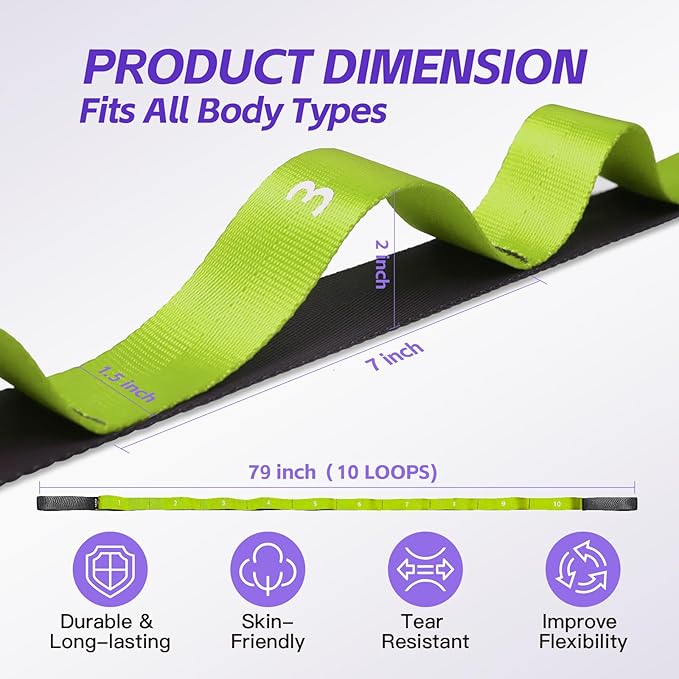 Stretching Strap with Loops - Non Elastic Yoga Straps for Physical Therapy, Durable Stretch Bands