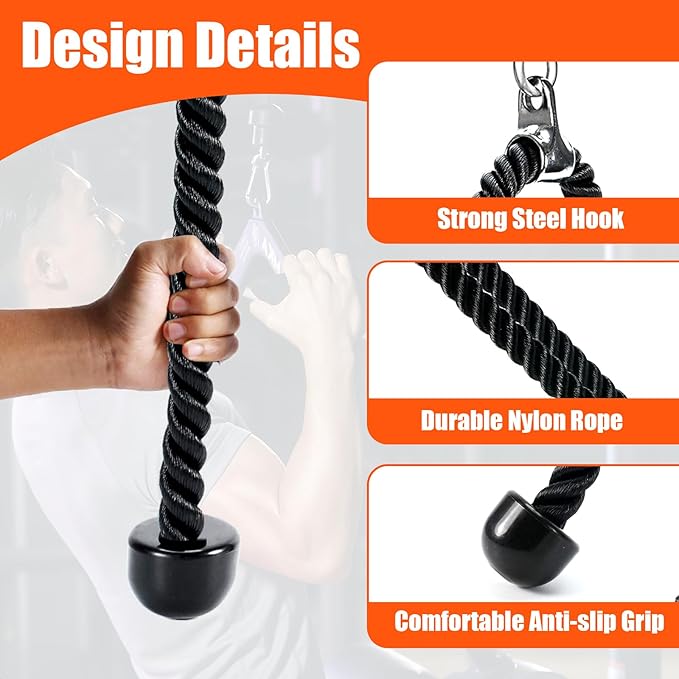Long Tricep Pull Down Rope Exercise Tricep Rope 55 inch Pull Down Rope with Latch Gym Cable Machine