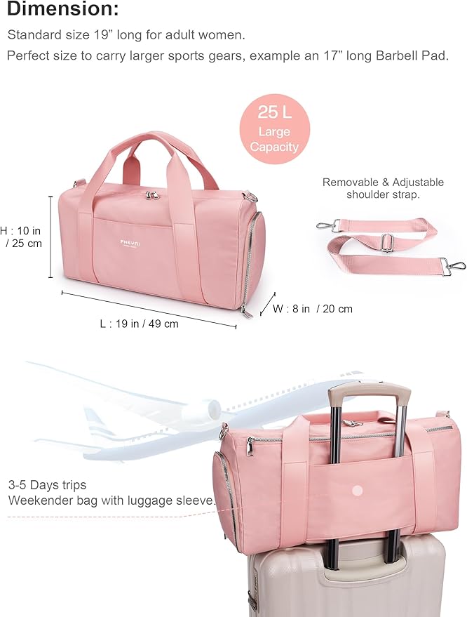 Pink Gym Bag for Women Girls with Shoe Compartment & Wet Pocket - Duffle Bag for Travel Sports