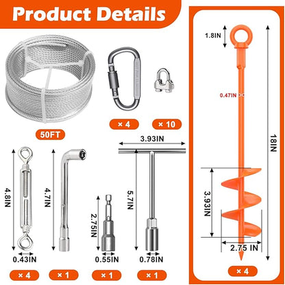 4 Pcs 18" Fully Welded Ground Anchors Shed Anchors Kit with 1/8" Galvanized Cable & Turnbuckles &