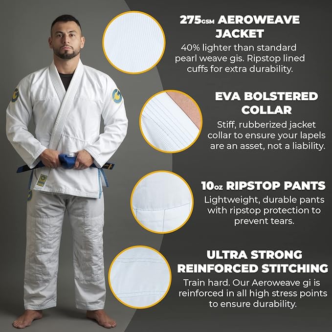 Gold BJJ Aeroweave Jiu Jitsu Gi - Ultra Lightweight BJJ Gi - Preshrunk Brazilian Jiu Jitsu Uniform