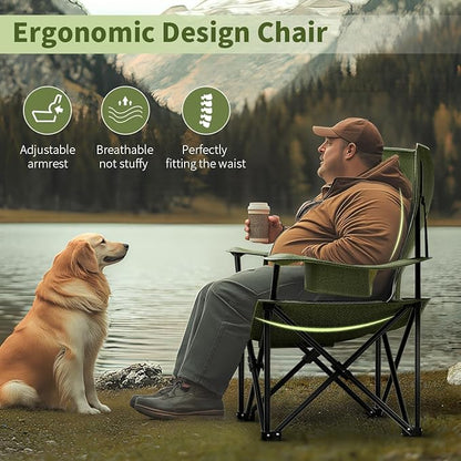 Heavy Duty Folding Chair 500LB Capacity, Oversized Camping Chairs with Cup Holder, Cooler Bag &