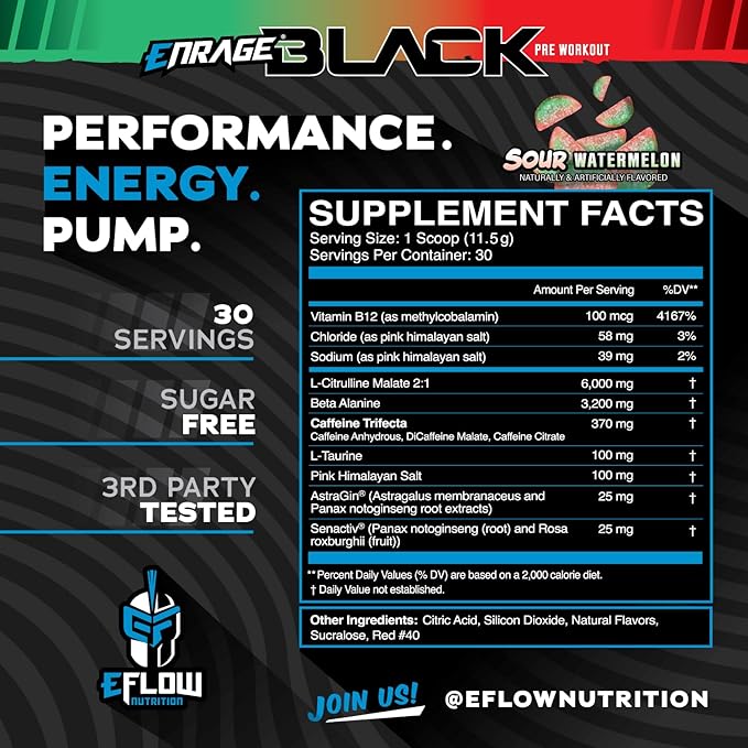 eFlow Nutrition Enrage Black High Stimulant Pre Workout Supplement - Preworkout Powder to Boost
