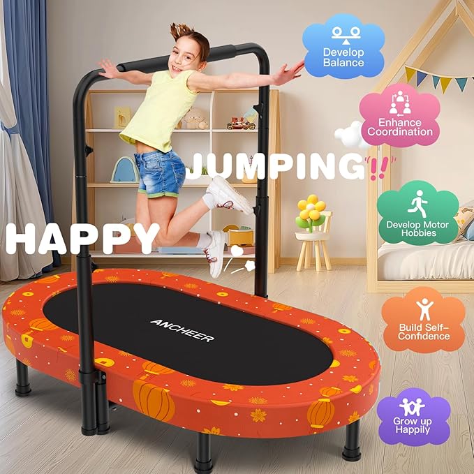 ANCHEER 56" Double Mini Trampoline for Kids, Mini Rebounder with 5-Level Adjustable Handle
