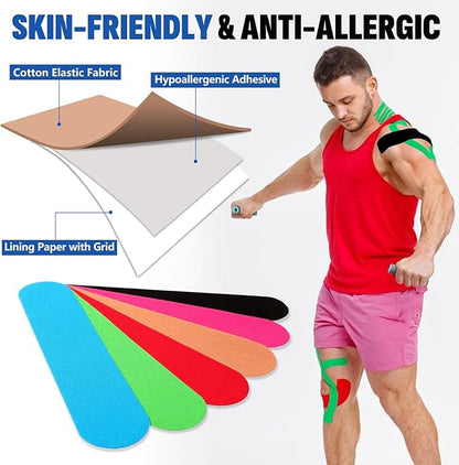 60PCS Precut Kinesiology Tape Strips, 6 Colors 2 inch x 10 inch Cotton Athletic Tape, Kinetic Tape