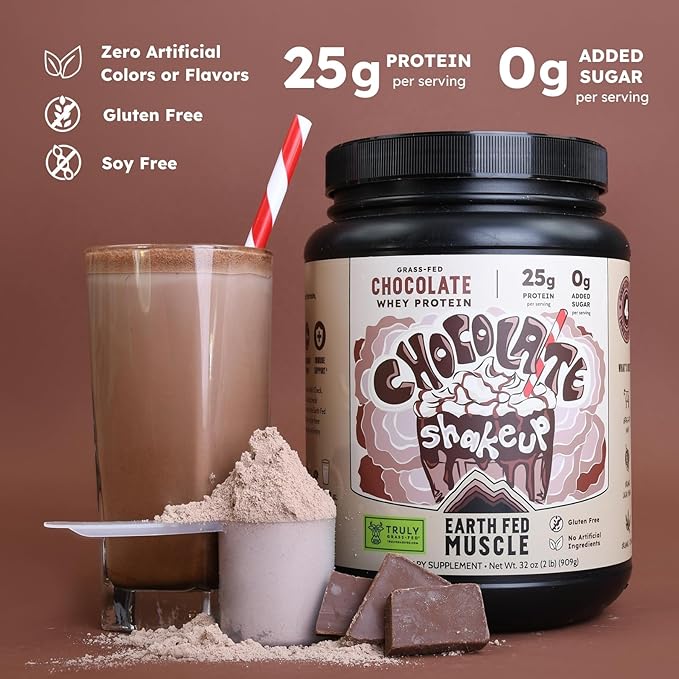 Earth Fed Muscle Chocolate Shakeup Truly Grass Fed Whey Protein Isolate NSF-Certified. No
