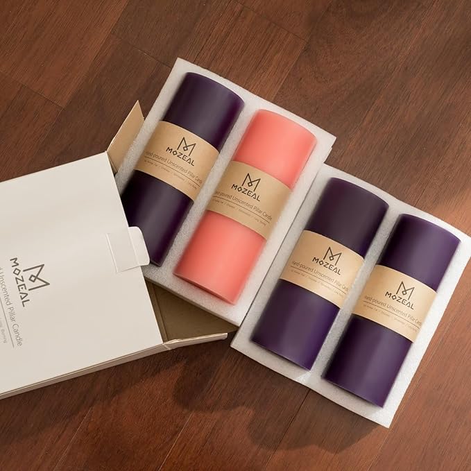 MOZEAL 3" x 6" Hand-Poured, Unscented Pillar Candles. Each Offers Approx 115 Hours of Clean