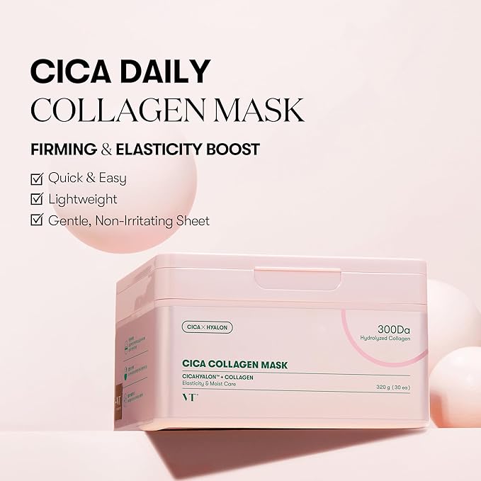 VT COSMETICS CICA Collagen Daily Mask 30 Sheets, 300Da Low Molecular Collagen for Skin Elasticity