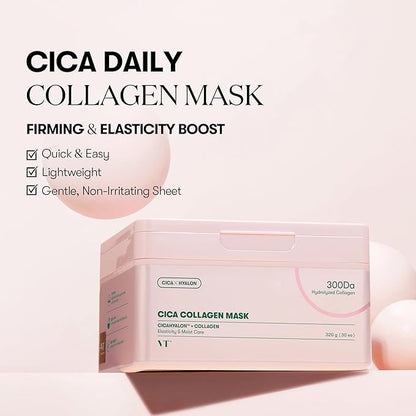 VT COSMETICS CICA Collagen Daily Mask 30 Sheets, 300Da Low Molecular Collagen for Skin Elasticity