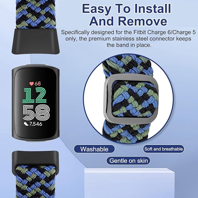 Braided Band Compatible with Fitbit Charge 6/Fitbit Charge 5, Soft Nylon Solo Loop Adjustable