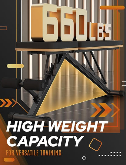 Assemble-Free Foldable Weight Bench Press for Home Gym, 660 LBS Capacity Incline Decline, Sit-up