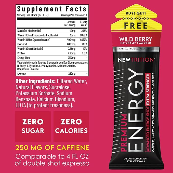 NewTrition® Extra Strength Energy Shots, 250mg Caffeine Energy Shots with Vitamin B & Amino Acids