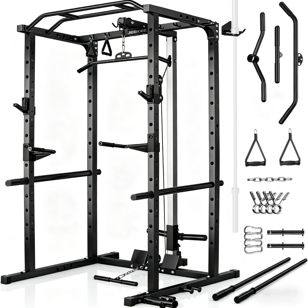 JEEKEE Power Rack with LAT Pulldown, 2000LBS Power Cage with Cable System, Multi-Function Squat