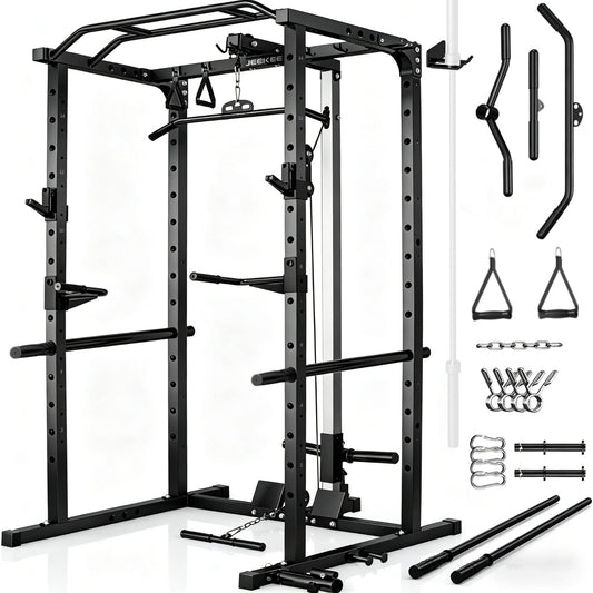 JEEKEE Power Rack with LAT Pulldown, 2000LBS Power Cage with Cable System, Multi-Function Squat