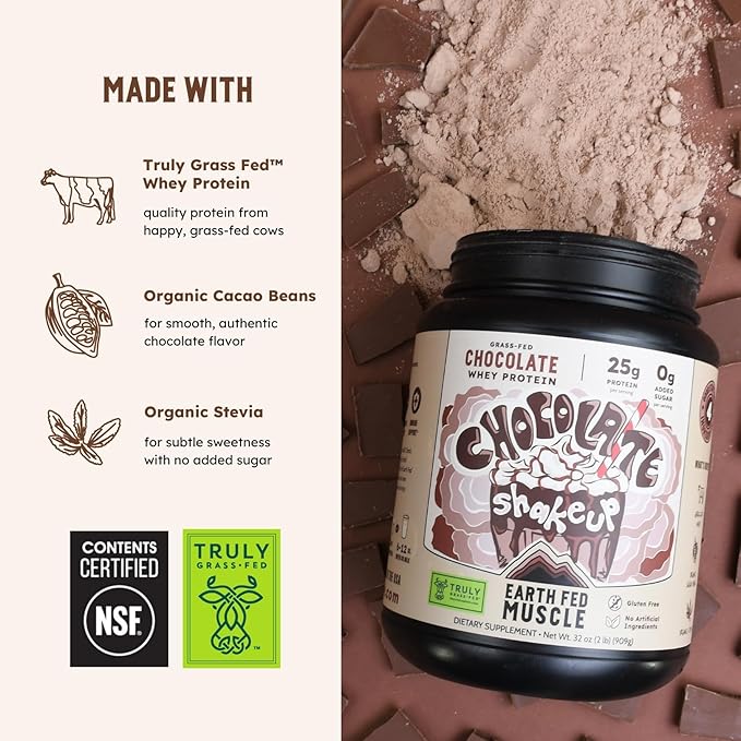 Earth Fed Muscle Chocolate Shakeup Truly Grass Fed Whey Protein Isolate NSF-Certified. No