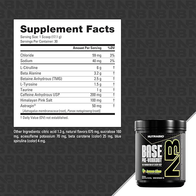 NutraBio Base Pre-Workout Powder 200mg Caffeine, Sustained Energy, Focus, Endurance, Pump, Sugar