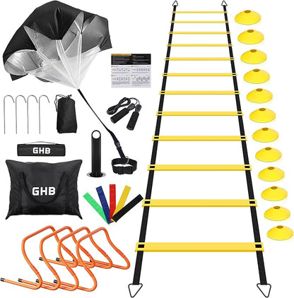 GHB Agility Ladder,Football Training Equipment Set,4 Agility Hurdles, 20 feet12 Rungs Speed