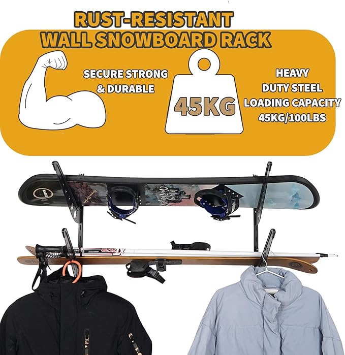 2 Board Snowboard Wall Racks, Adjustable Storage Rack for Ski, Surfboard, Wakeboard, Snowboard Wall