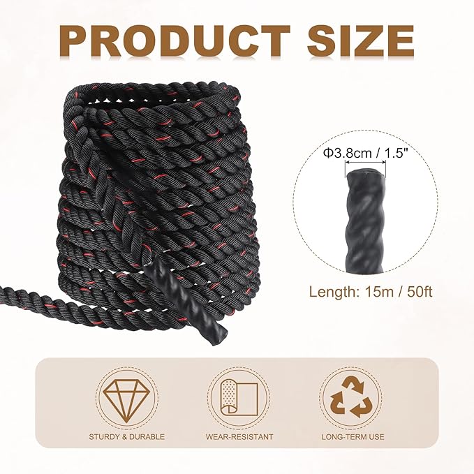 MECCANIXITY Battle Rope 50ft x 1.5 Inch Polyester Workout Rope Heavy Fitness Exercise Rope for