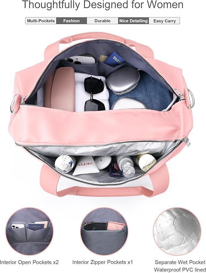Pink Gym Bag for Women Girls with Shoe Compartment & Wet Pocket - Duffle Bag for Travel Sports