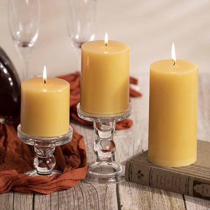 KONNI Mustard Yellow Pillar Candles Set of 3, 3"x 6" Unscented Pillar Candles Bulk, 56 Hours Long