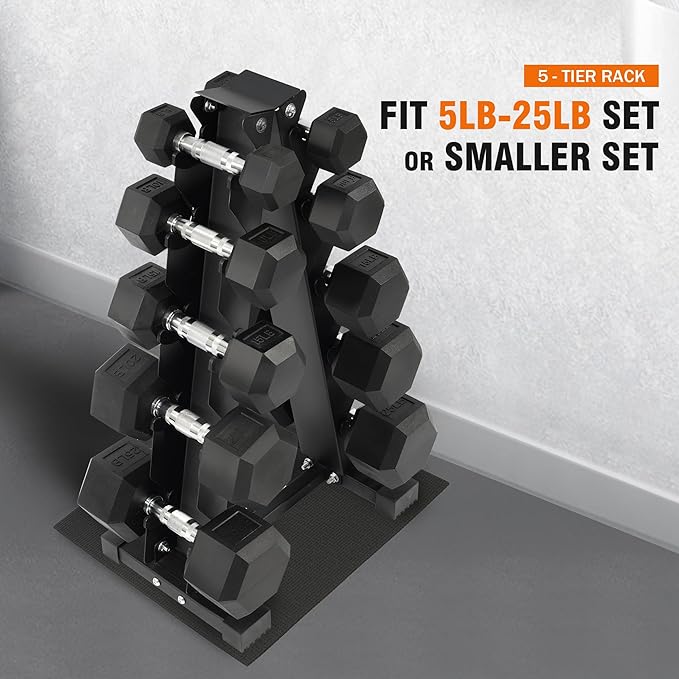 Rubber Coated Hex Dumbbell Weight Sets and Storage Rack, 100LB Set or 150LB Set, 5-20 lbs Pairs or