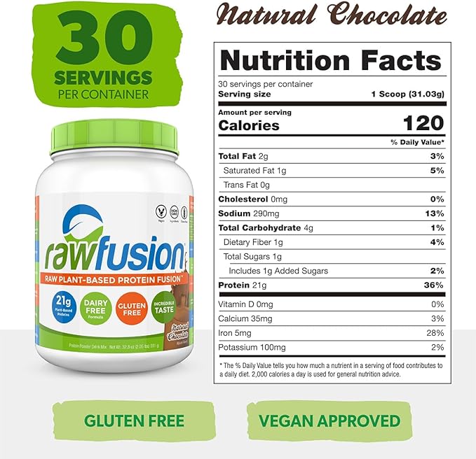 Rawfusion- Vegan Protein Powder, Natural Chocolate - 30 Servings, 21g of Plant Based Protein, Low