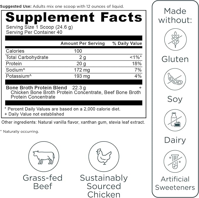 Ancient Nutrition Grass Fed, Bone Broth Protein Powder, 20g Protein, Hydrolyzed Collagen Peptides