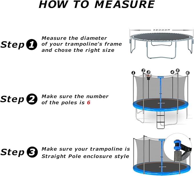 Trampoline Replacement Safety Enclosure Net for 6 Straight Poles Round Frame Trampolines