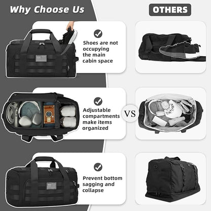 ZOMFELT Tactical Gym Bags for Men, 52L Travel Duffle Bag with Removable Dividers & Innovative Shoe