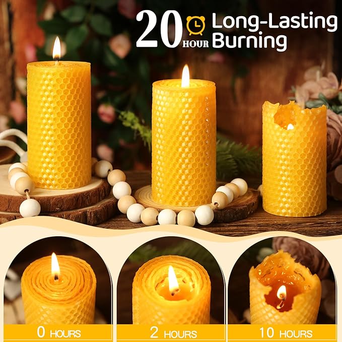 3 Pack Natural Beeswax Pillar Candles,Handmade Pure Beeswax Rolled Candle-60 Hours Long