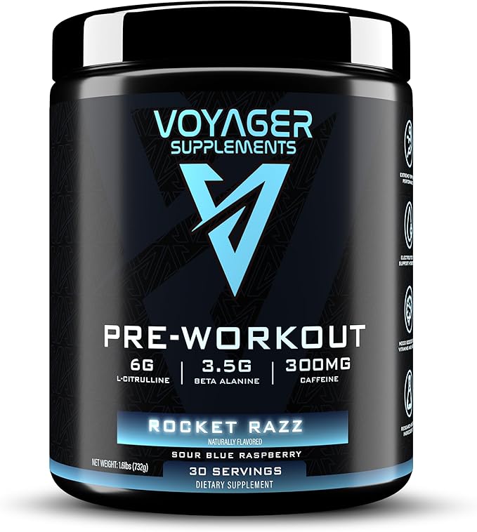 Voyager Pre-Workout Rocket Razz ??Creatine-Free Powder w/L-Citrulline, Beta-Alanine, Caffeine