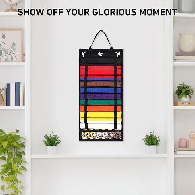12 Belts Karate Belt Display Rack with PVC Medal Storage, Felt Taekwondo Belt Display Holder, Felt