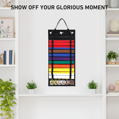 12 Belts Karate Belt Display Rack with PVC Medal Storage, Felt Taekwondo Belt Display Holder, Felt