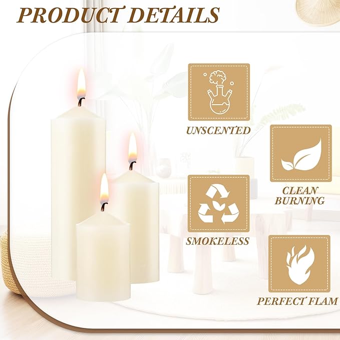MTLEE Set of 54 Ivory Dripless Pillar Candles Unscented Candles Bulk Smokeless Fireplace Assorted