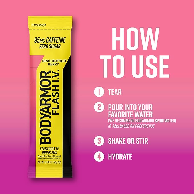 BODYARMOR Caffeinated Flash I.V. Electrolyte Packets - Dragonfruit Berry - Zero Sugar Energy Drink