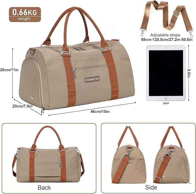 FIORETTO Womens Gym Tote Duffle Weekender Bag with Wet Pocket & Shoe Compartment, Ideal for Travel