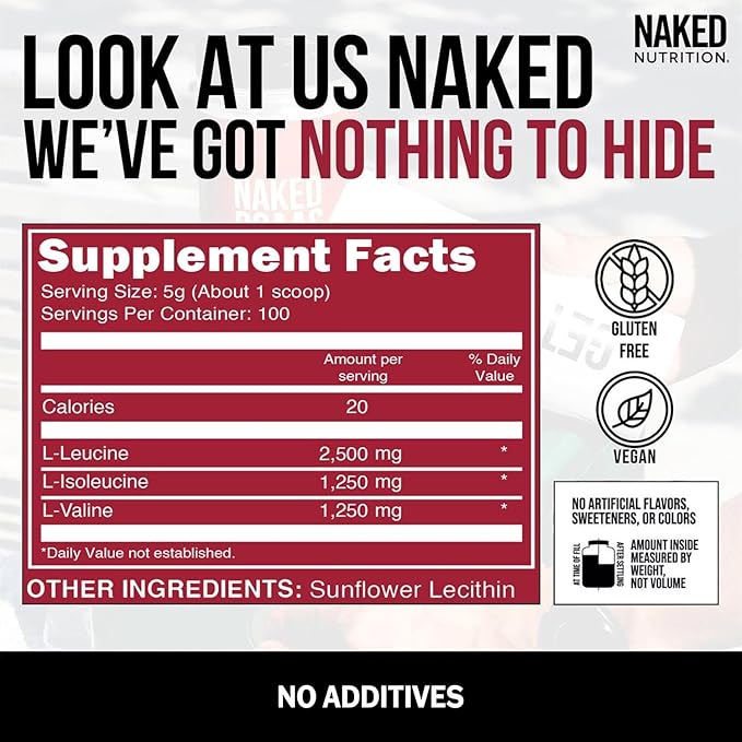 NAKED BCAAs Amino Acids Powder, Only 1 Ingredient, Pure 2:1:1 Formula, Vegan Unflavored Branched